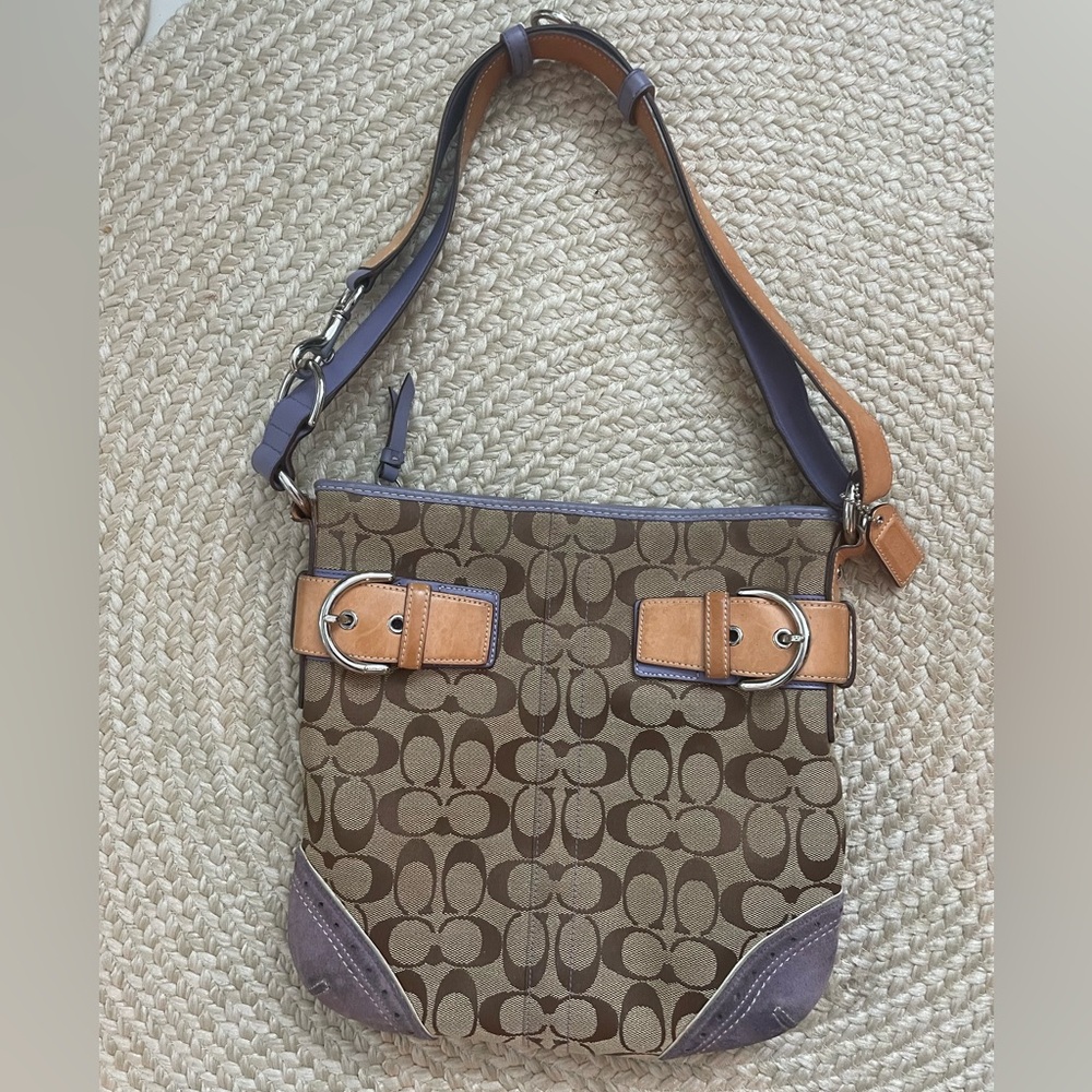 Coach Shoulder Bag - Monogram & Purple Suede - Silver Hardware